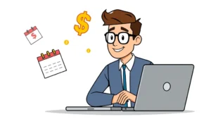 Cartoon professional working at laptop with floating dollar signs and calendar icons, representing flexible independent contractor work and time management