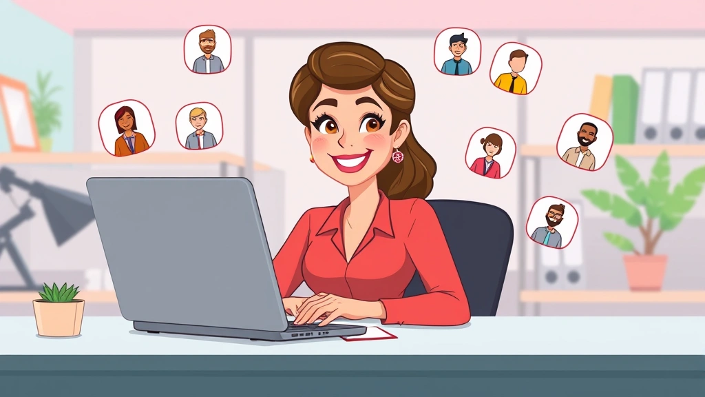 Cartoon professional woman sitting at desk with laptop, multiple client icons floating around her, smiling confidently, colorful background, modern office style, representing flexibility and multiple income streams