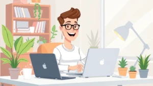 Cartoon illustration of a happy freelancer working at a laptop in a home office with plants and coffee cup, professional casual style