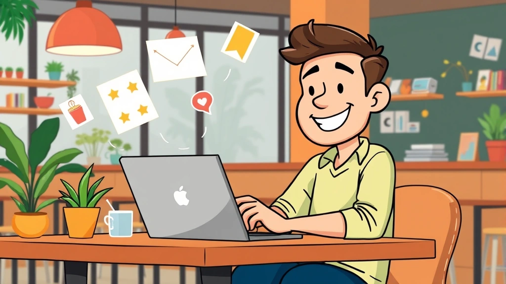 Cartoon freelancer happily working on laptop at coffee shop with diverse projects floating around, bright colors, cheerful mood, no text