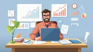 Professional contractor working at desk with laptop, calculator, and documents, surrounded by business growth charts and financial planning tools, cartoon style