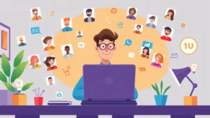 Cartoon professional working on laptop surrounded by floating client avatars and project icons, colorful collaborative workspace atmosphere