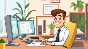 Professional cartoon character at desk with multiple computer screens, documents, and calculator, working independently with confident expression, home office setting with plants