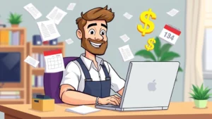 Cartoon professional contractor working at laptop surrounded by floating documents, calendar, and dollar signs, confident expression, home office setting, bright colors
