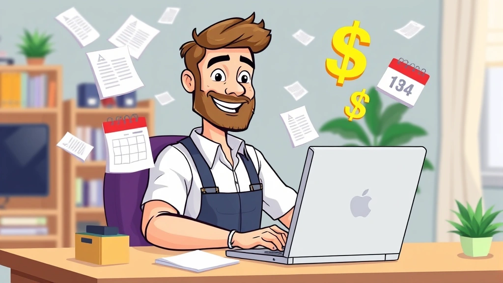 Cartoon professional contractor working at laptop surrounded by floating documents, calendar, and dollar signs, confident expression, home office setting, bright colors
