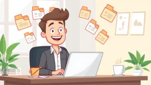 Cartoon professional freelancer sitting at desk with laptop, multiple project folders floating around, happy expression, bright workspace with coffee cup and plant, showing flexibility and independence