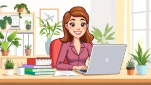 Cartoon professional woman at desk with laptop, calendar, and multiple project folders, smiling confidently, bright home office setting with plants