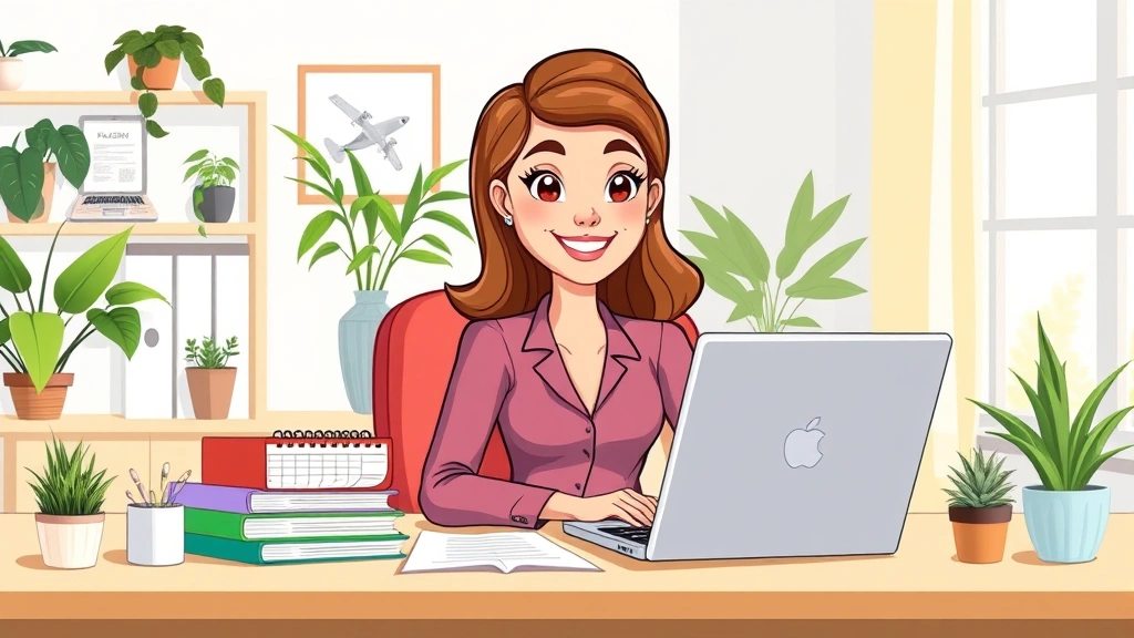Cartoon professional woman at desk with laptop, calendar, and multiple project folders, smiling confidently, bright home office setting with plants