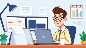 Cartoon illustration of a freelancer working at a desk with multiple laptop screens, coffee cup, and calendar showing different project timelines. Professional setting with bright colors and positive energy.