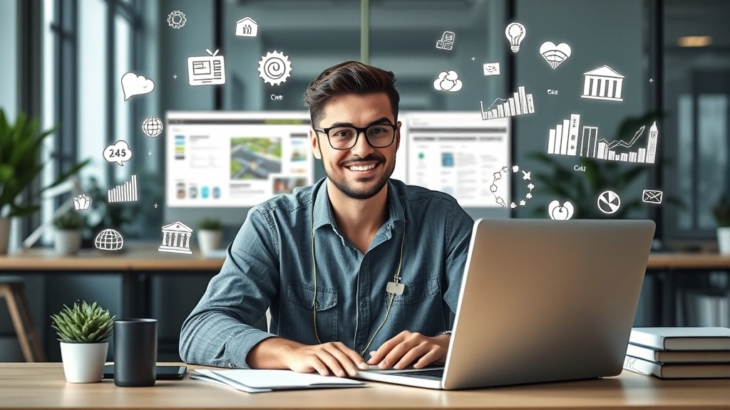 Professional freelancer working at desk with laptop, multiple project windows open, diverse icons representing different industries floating around, modern workspace environment, confident expression, career growth visual