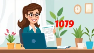 Cartoon professional woman at laptop reviewing colorful 1099 tax forms and calculator, sitting at home office desk with plants and coffee cup, cheerful expression