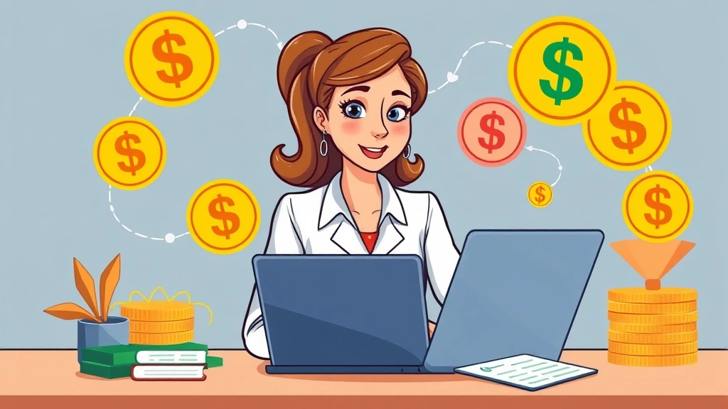 Professional woman working at laptop with multiple income streams flowing around her, showing financial growth and independence, cartoon style with warm colors and confident expression