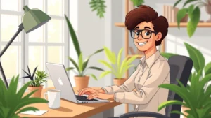 Professional freelancer working on laptop at home office desk with coffee, smiling confidently, surrounded by plants and natural light, cartoon style