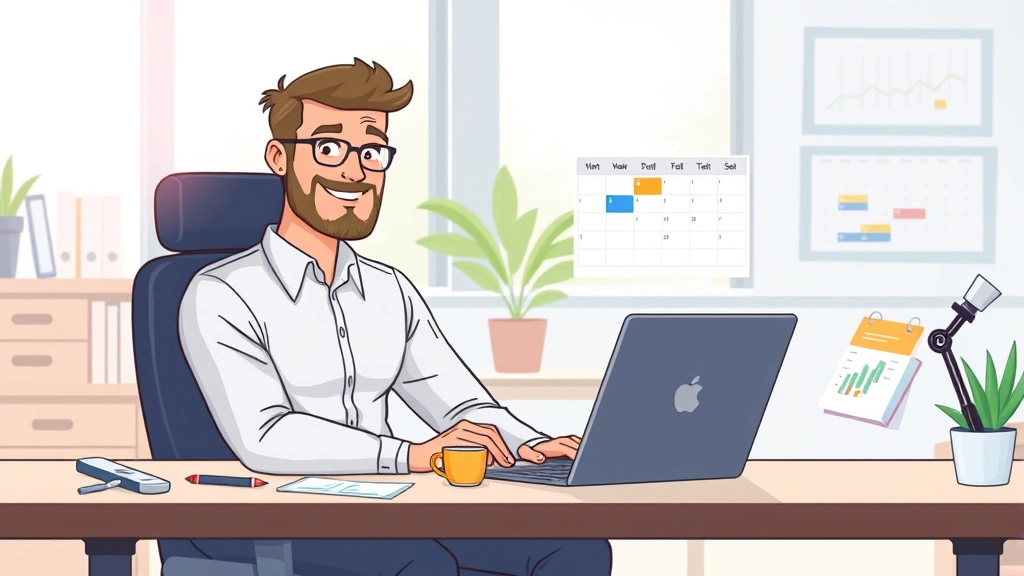 Cartoon professional contractor sitting at desk with laptop, coffee cup, and digital calendar showing flexible schedule, bright sunny office background