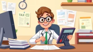 Cartoon professional at desk with calculator and tax documents, organizing financial paperwork, confident expression, colorful workspace
