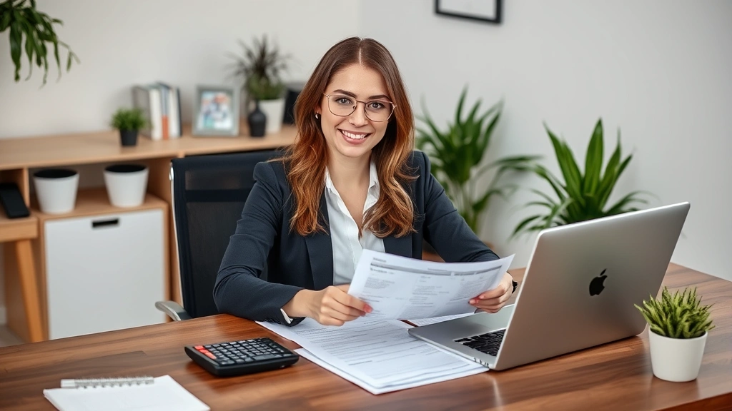 Professional woman sitting at home office desk with laptop, calculator, and financial documents, confident expression, modern workspace with plants