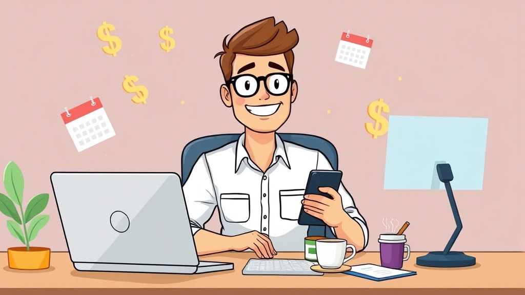 Cartoon professional contractor sitting at desk with laptop, phone, and coffee cup, surrounded by floating dollar signs and calendar icons, smiling confidently
