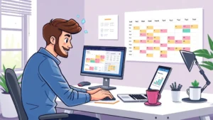 Cartoon professional freelancer at desk with laptop, multiple project windows, colorful calendar showing flexible schedule, coffee cup, bright modern home office setting