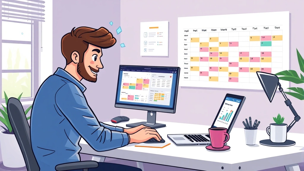 Cartoon professional freelancer at desk with laptop, multiple project windows, colorful calendar showing flexible schedule, coffee cup, bright modern home office setting