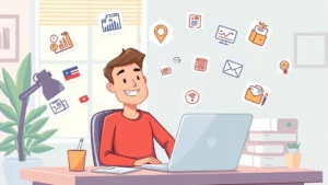 Cartoon freelancer sitting at desk with laptop, surrounded by floating icons representing different project types, smiling confidently with bright professional workspace