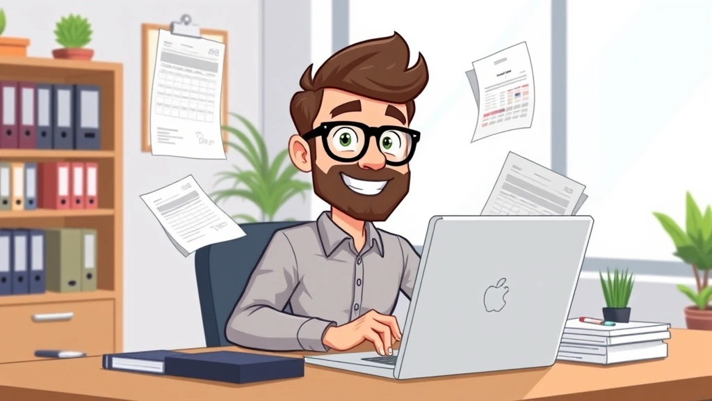 Cartoon professional contractor sitting at desk with laptop, calendar, and invoices, smiling confidently while juggling multiple project files, bright modern office setup