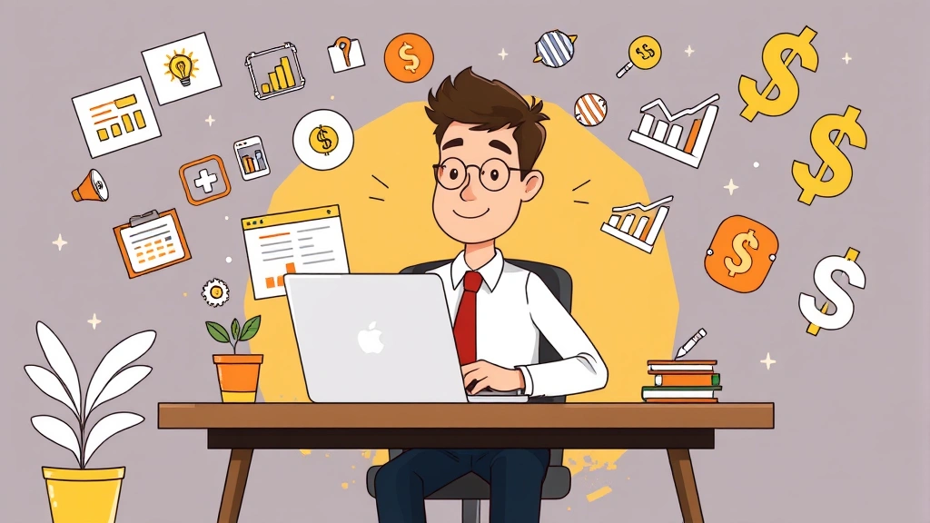 Cartoon professional sitting at desk with laptop surrounded by floating project icons, charts, and dollar signs showing freelance work opportunities and income growth