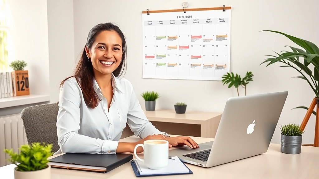 Professional freelancer working at home desk with laptop, coffee cup, and notebook, smiling confidently with flexible schedule displayed on wall calendar