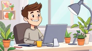 Cartoon freelancer sitting at home desk with laptop, coffee cup, and plants, smiling confidently while working on computer