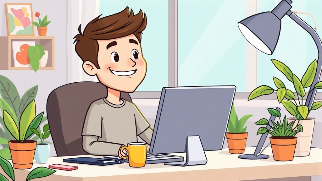 Cartoon freelancer sitting at home desk with laptop, coffee cup, and plants, smiling confidently while working on computer