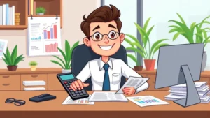 Cartoon professional sitting at desk with calculator and tax documents, colorful charts showing income and deductions, friendly confident expression, modern office setting with plants and computer