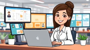 Cartoon professional woman at desk with laptop, multiple computer screens showing different clients and projects simultaneously, colorful icons for invoicing and payment, modern coworking space background, friendly welcoming expression