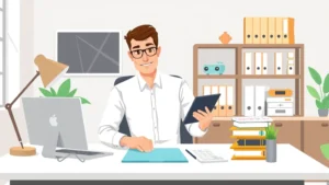 Professional contractor working at modern home office desk with laptop, calculator, and organized filing system, cartoon style illustration