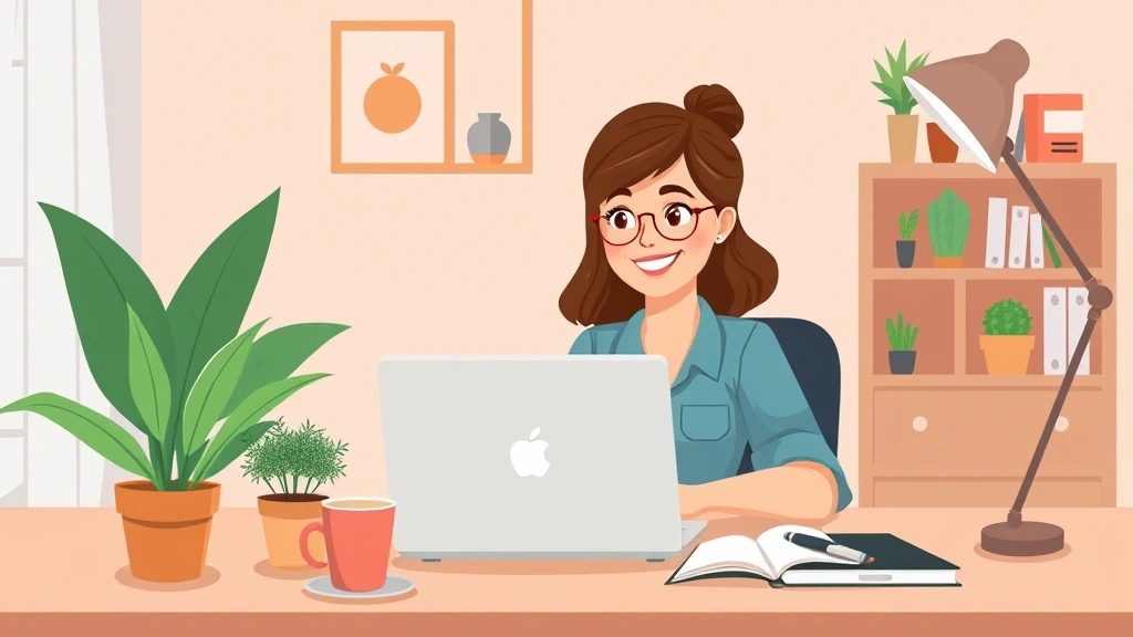 Professional woman working on laptop at home office desk with plants, cup of coffee, and notebook visible, cartoon style illustration with warm colors and smiling expression