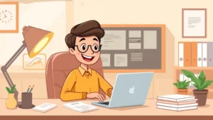 Cartoon freelancer sitting at desk with laptop, smiling while reviewing invoices and organizing paperwork, professional office setting, warm colors