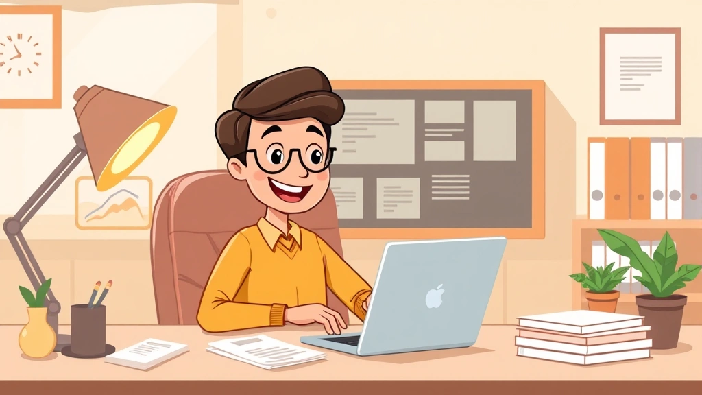 Cartoon freelancer sitting at desk with laptop, smiling while reviewing invoices and organizing paperwork, professional office setting, warm colors