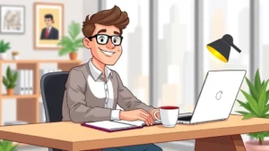 Professional freelancer working at modern desk with laptop, coffee cup, and notebook, smiling confidently, bright natural lighting, diverse background, cartoon illustration style