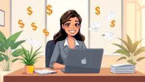 Cartoon illustration of a professional woman sitting at a desk with a laptop, smiling confidently, surrounded by floating dollar signs and contract documents, bright modern office setting with plants and warm lighting