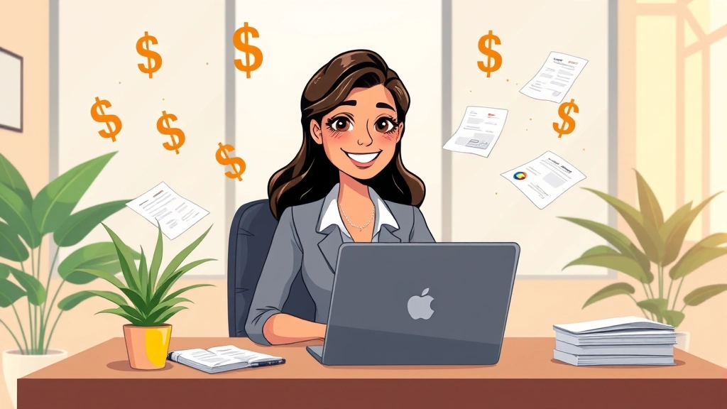 Cartoon illustration of a professional woman sitting at a desk with a laptop, smiling confidently, surrounded by floating dollar signs and contract documents, bright modern office setting with plants and warm lighting