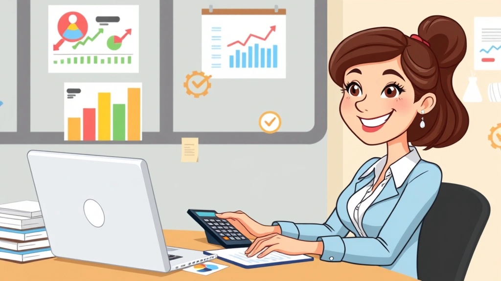 Cartoon professional woman at desk with laptop, calculator, and documents, organizing finances with colorful charts and graphs floating around, happy confident expression