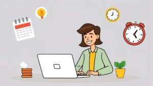 Cartoon professional working flexibly on laptop with calendar and clock symbols, representing contractor autonomy and flexible scheduling for 1099 work