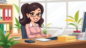 Cartoon professional woman at desk with calculator, tax forms, and color-coded expense folders, bright office setting with plants