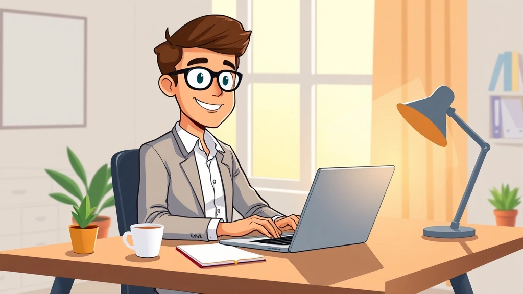 Freelance professional working confidently at modern home office desk with laptop, notebook, and coffee cup. Bright natural light through window. Cartoon style, warm colors, professional attire.