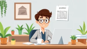 Cartoon professional freelancer working at desk with laptop, coffee cup, and calendar showing quarterly tax dates, confident expression, home office setting with plants