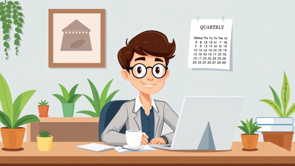 Cartoon professional freelancer working at desk with laptop, coffee cup, and calendar showing quarterly tax dates, confident expression, home office setting with plants