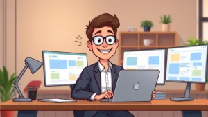 Cartoon freelancer sitting at desk with laptop, multiple client windows open, confident smile, modern minimalist workspace, warm lighting, professional attire
