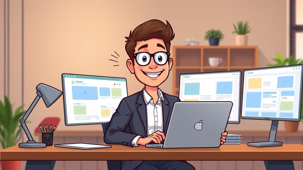 Cartoon freelancer sitting at desk with laptop, multiple client windows open, confident smile, modern minimalist workspace, warm lighting, professional attire