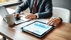 Professional consultant reviewing contract documents at modern desk with laptop, coffee cup, and digital tablet showing graphs and charts, natural lighting from window