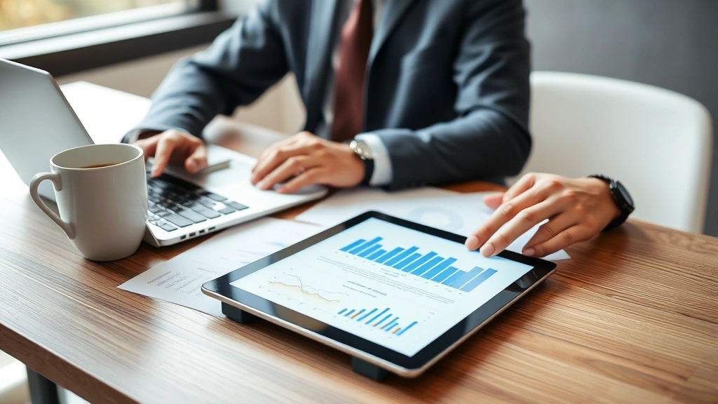 Professional consultant reviewing contract documents at modern desk with laptop, coffee cup, and digital tablet showing graphs and charts, natural lighting from window