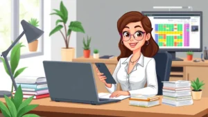 Cartoon professional woman sitting at desk with calculator, laptop, and stacks of organized invoices, confident expression, modern home office with plants, colorful spreadsheet on computer screen