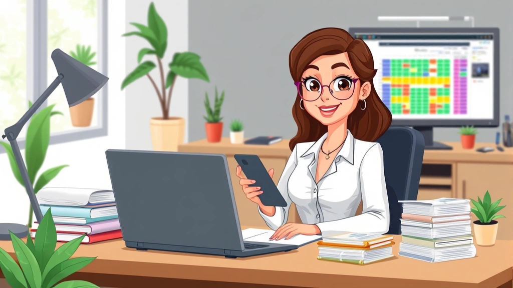 Cartoon professional woman sitting at desk with calculator, laptop, and stacks of organized invoices, confident expression, modern home office with plants, colorful spreadsheet on computer screen
